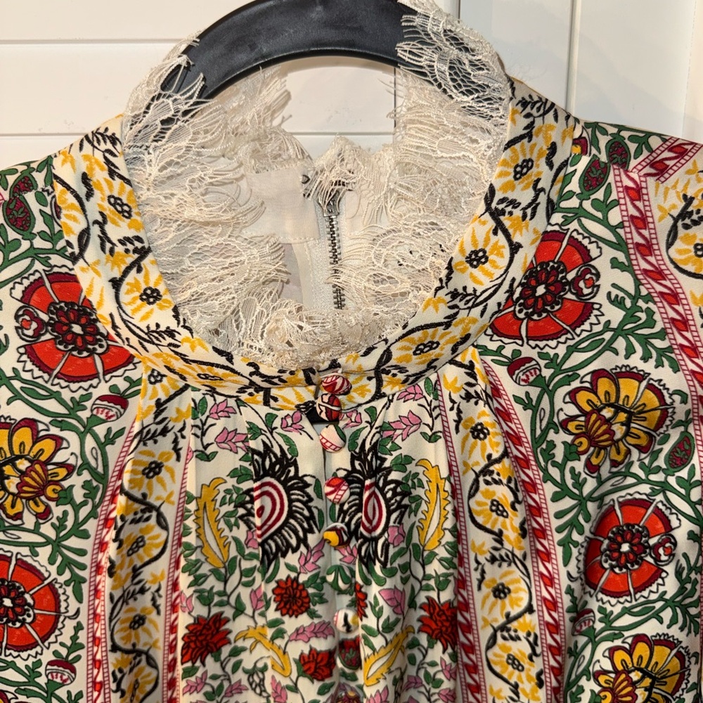 Alice + Olivia Lawson Floral Tiered Dress Green and Cream Mock Neck Dress Sz L - Picture 7 of 16